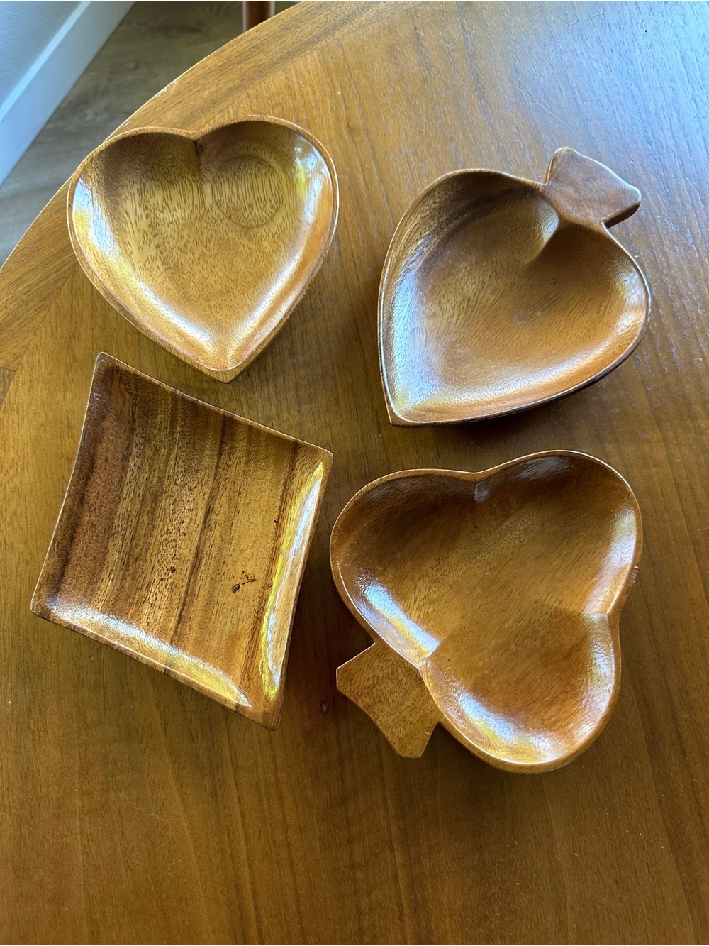 Vintage MCM Tiki Set Of Four Suits Monkey Pod Wood  Party Serving Dishes